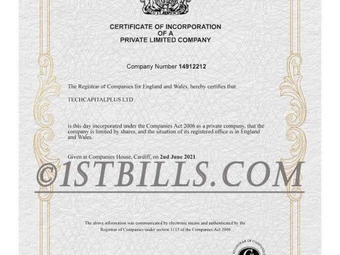 英国营业执照pdf模板（V2）UK/England Company Certificate pdf（V2）