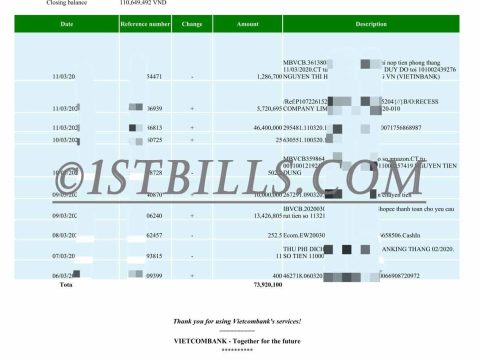 东南亚 越南Vietcom银行账单 Vietnam Vietcombank Statement. KYC地址证明pdf