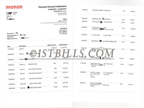 英国Monzo银行账单 Bank Statement（英国地址证明）