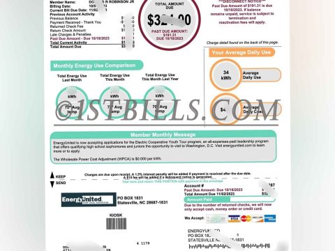 美国 北卡罗来纳州地址证明 EnergyUnited电费账单 EnergyUnited electricity bill from North Carolina, USA
