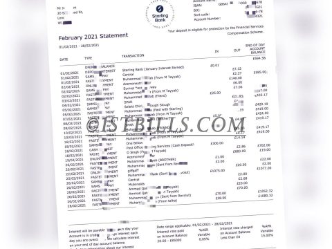 英国斯达林银行账单Staring Bank Statement（英国地址证明）