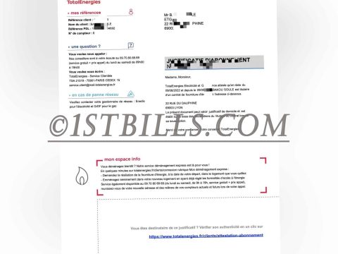 法国地址证明 TotalEnergies 燃气费账单 法语 France TotalEnergies Gas Bill Proof of Address PDF