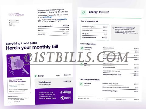英国地址证明 UW电费 燃气账单 Utility Warehouse  UK Electricity Gas Utility Bill PDF