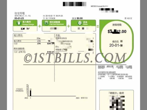 香港中华电力Hong Kong Utility Bills(CLP)香港水电费账单/地址证明