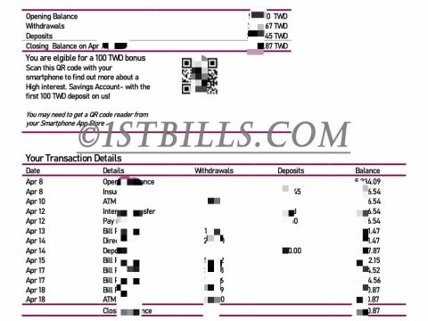台湾银行 流水 地址证明 Taiwan Bank of Taiwan bank statement PDF