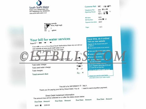 英国South-Staffs-Water水费账单/地址证明pdf UK South-Staffs-Water Utility Bills Proof of Address PDF
