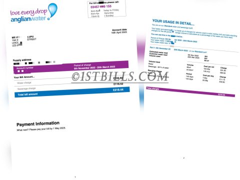 英国水费污水处理费账单UK anglian Water bill