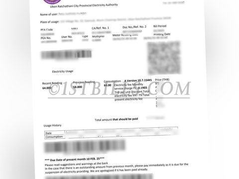 泰国 水电费账单  PEA 电费账单 地址证明 Thailand water and electricity bills, PEA electricity bills, proof of address