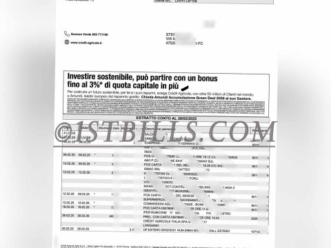 意大利Credit Agricole银行账单地址证明 Proof of address from a Credit Agricole bank statement in Italy