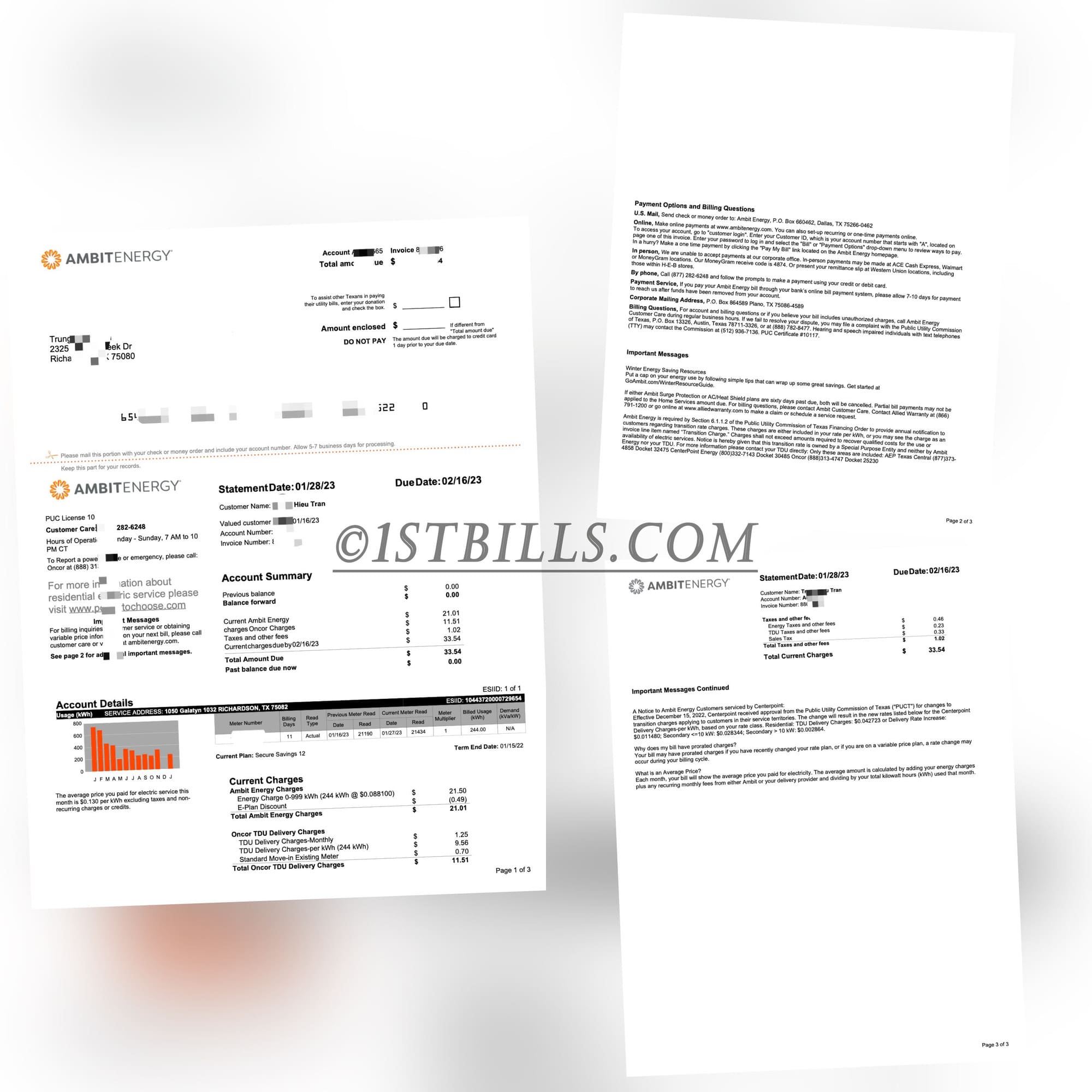 美国地址证明 电费账单 AMBITENERGY Electric Bill