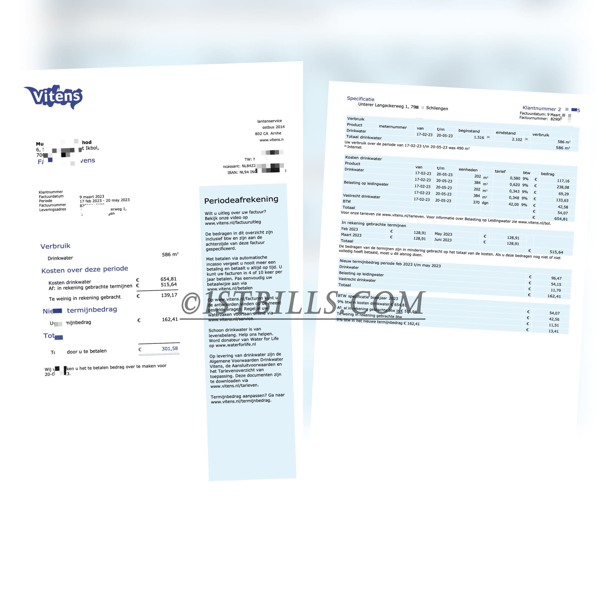 荷兰地址证明 水费账单荷兰语 Holland Vitens Water bill（欧盟地址证明）