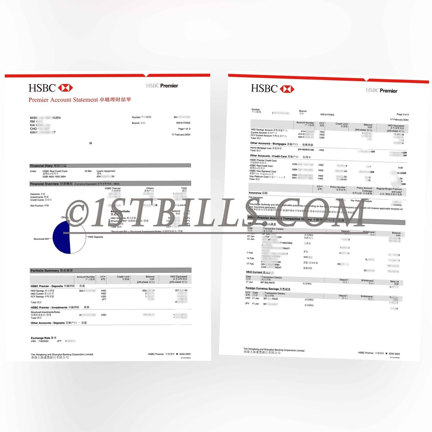 香港汇丰银行 卓越理财账户 资产证明账单 HSBC Premier Account Statement of Assets