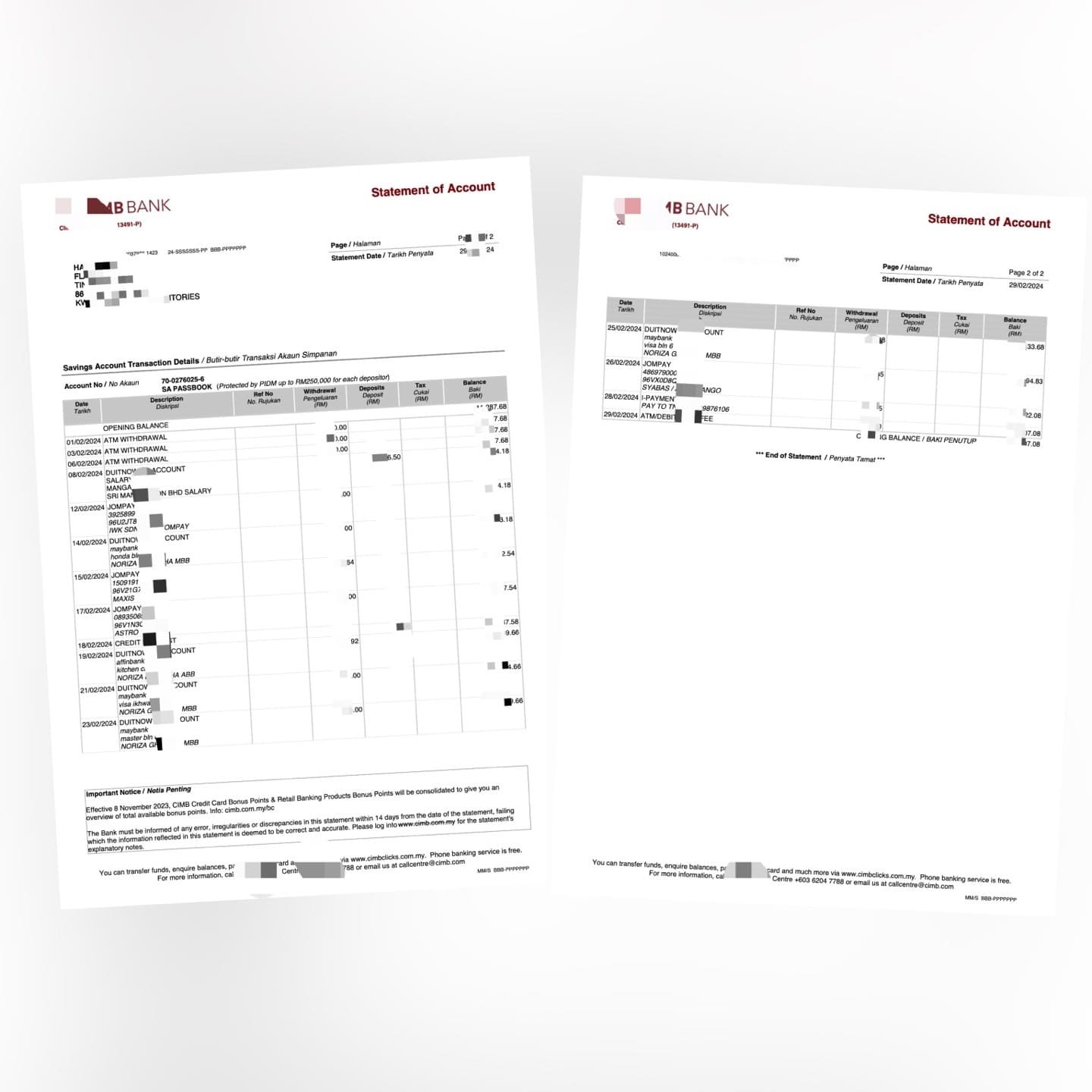 马来西亚CIMB银行账单 工资流水一个月 Malaysia CimbBank Salary Statement