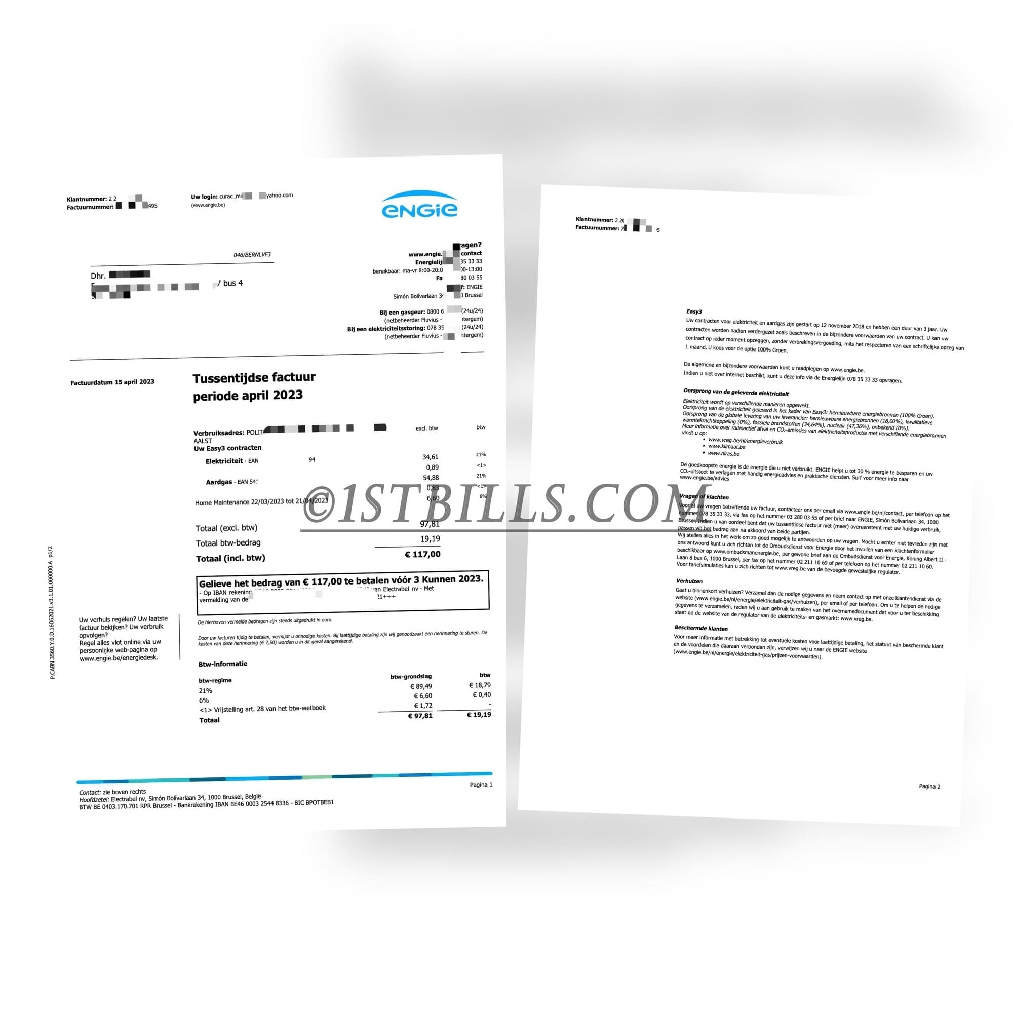 比利时地址证明 电费账单荷兰语 Belgium Proof of Address Engie Water bill（欧盟地址证明）