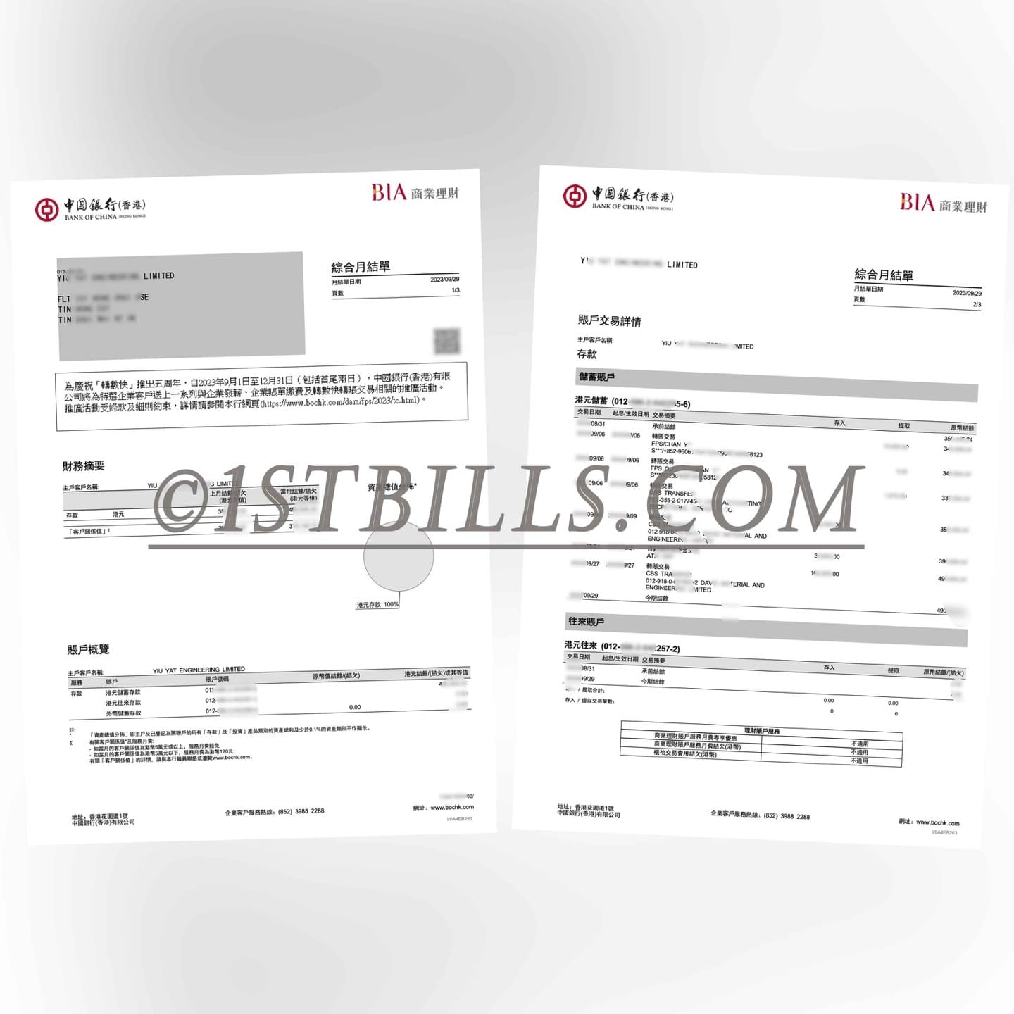 香港中国银行 商业理财银行账单 公司地址证明 收入 资产证明 Bank of China, Hong Kong Commercial Bank Statement Company Address Proof Income Asset Proof