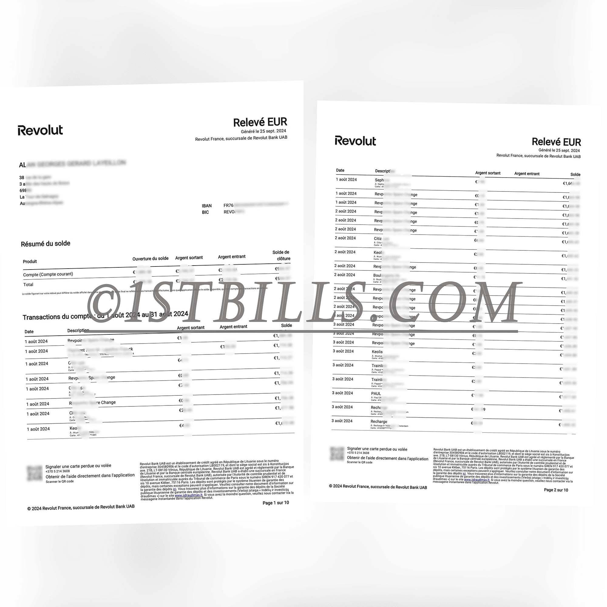 法国Revolut银行账单法国地址证明Revolut bank statement (France), proof of French address  | 1StBills第一账单