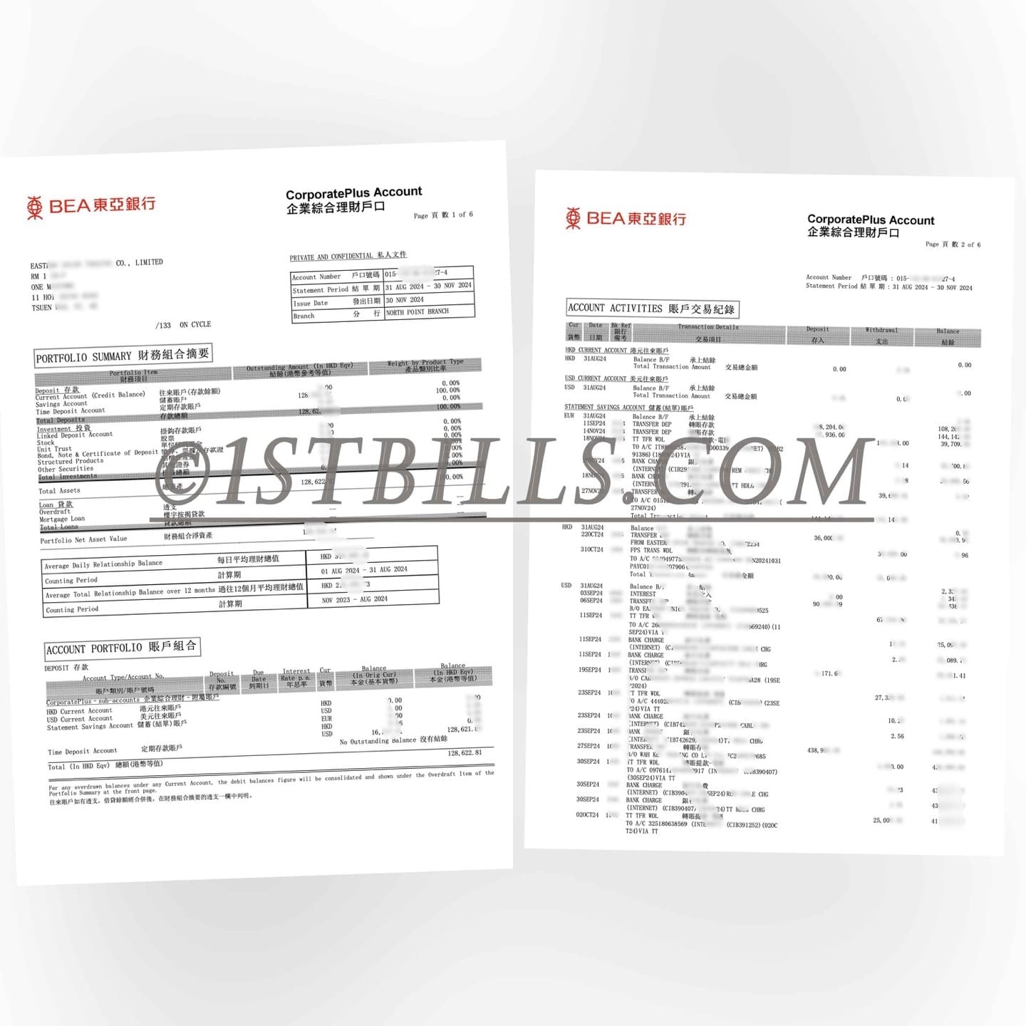香港东亚银行 企业综合银行账单 公司地址证明 收入 资产证明  Hong Kong Bank of East Asia Corporate comprehensive bank statement Company address proof Income Asset proof