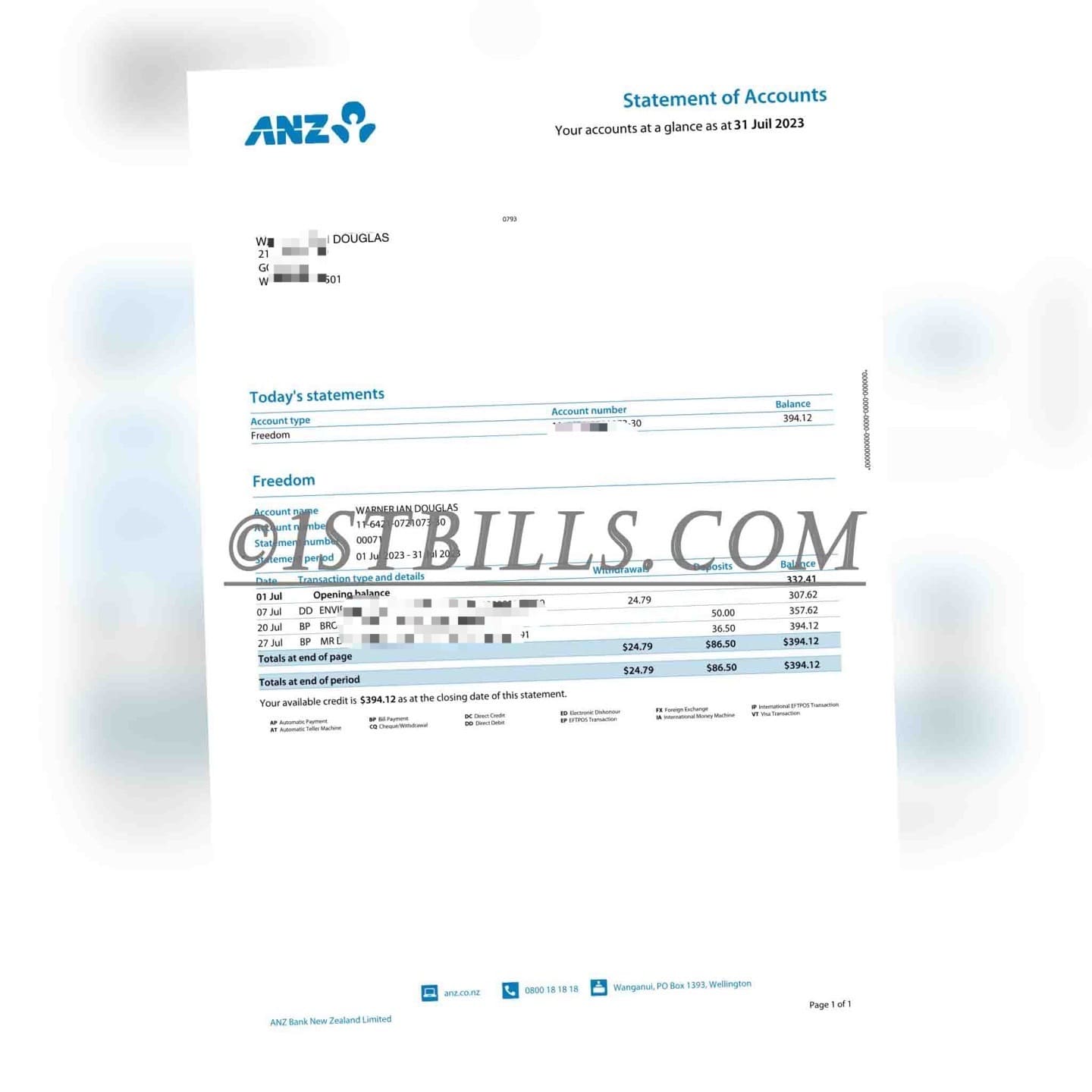 新西兰 ANZ银行账单 ANZ Bank 新西兰地址证明